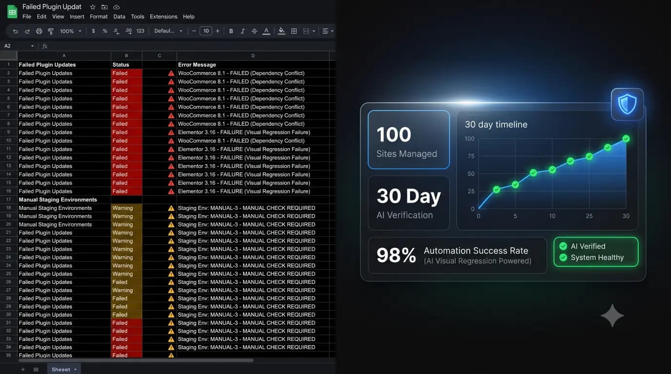 Dashboard showing the results of managing 100 WordPress sites with AI visual regression testing for 30 days.